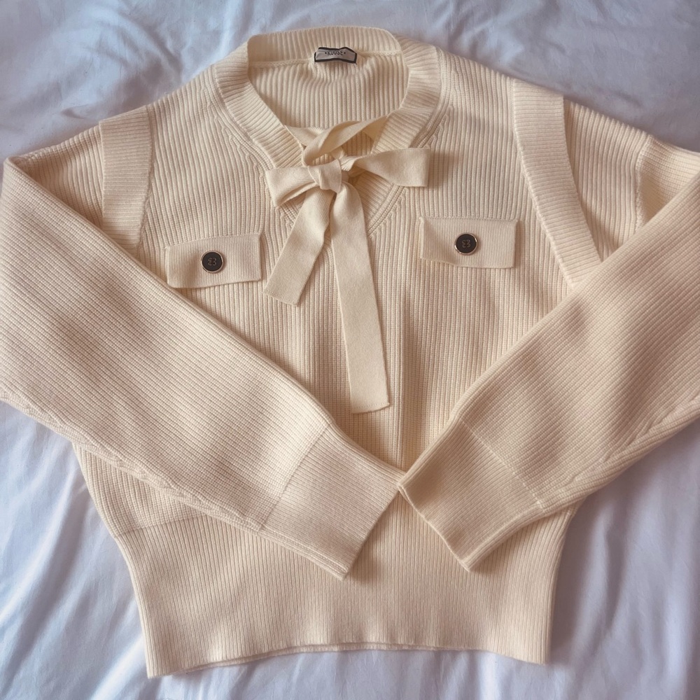 Cream Crew Neck Sweater with Bow Detail